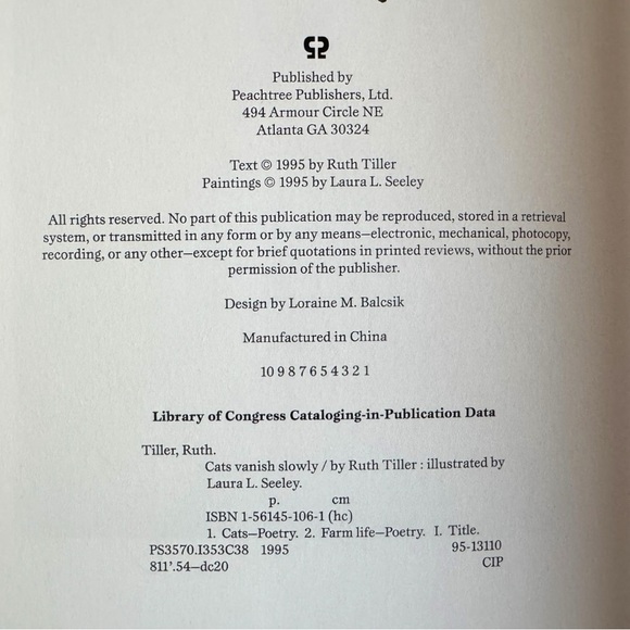 Cats Vanish Slowly by Ruth Tiller & Laura Seeley - 1995 Hardcover w/ Dust Jacket - Picture 11 of 12